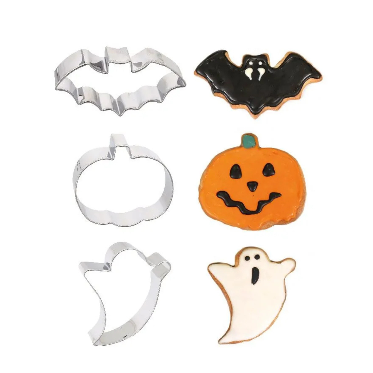 Lot de 3 emporte-pièces Halloween chauve-souris, citrouille et fantôme avec biscuits décorés