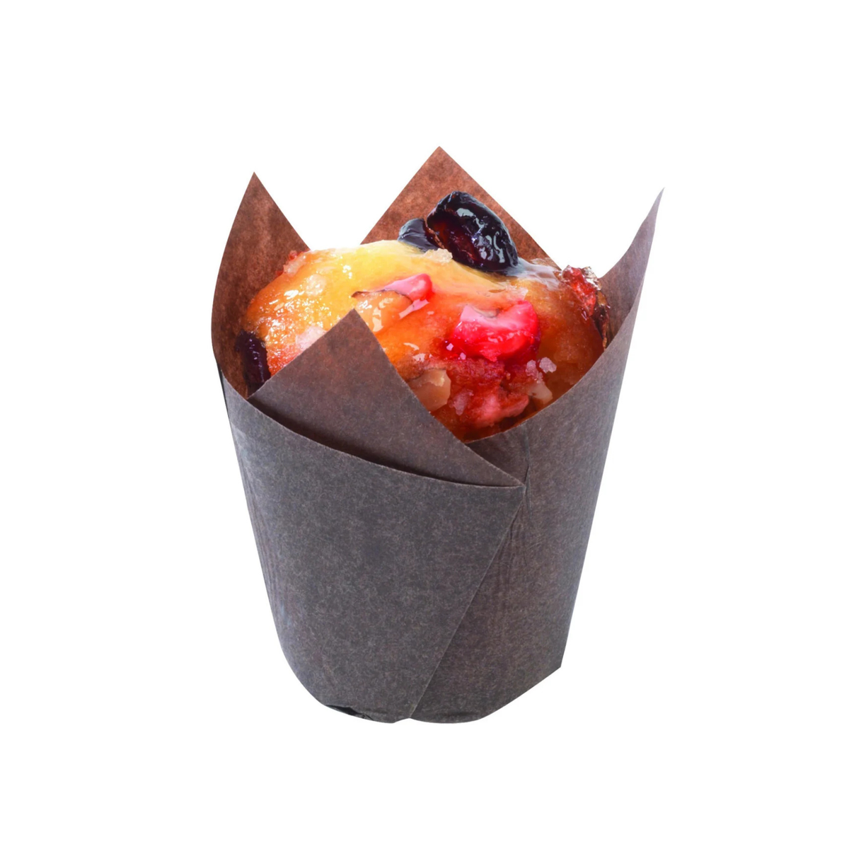 Muffin aux fruits dans une caissette tulipe marron