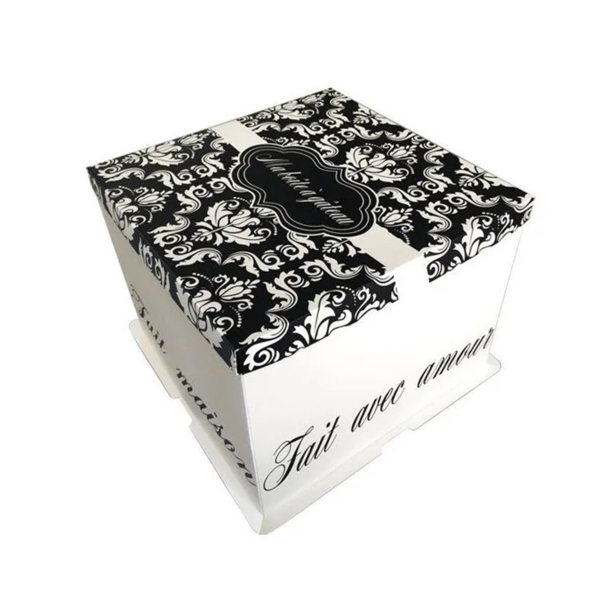 Boîte pâtissière carrée Patisdecor à motifs arabesques noirs et blancs pour transport de gâteaux