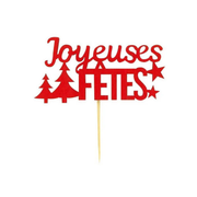 Décor à piquer Joyeuses Fêtes rouge avec sapins et étoiles pour gâteau de Noël