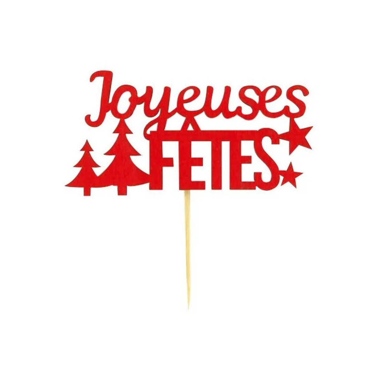 Décor à piquer Joyeuses Fêtes rouge avec sapins et étoiles pour gâteau de Noël