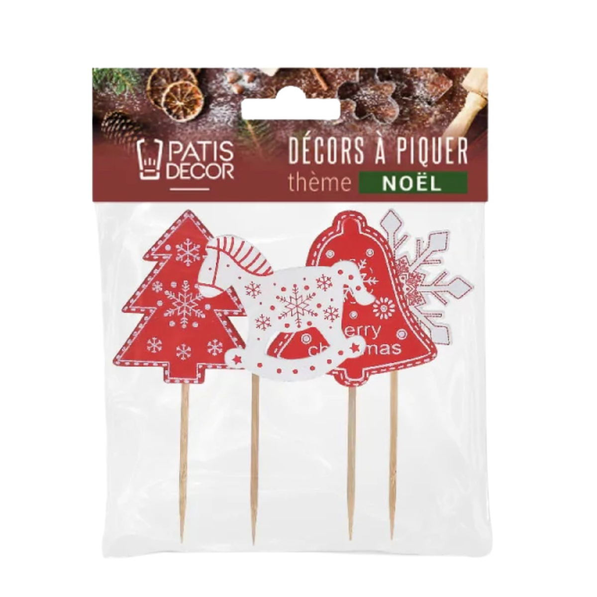 Sachet de décors à piquer de Noël Patisdecor avec sapin, cheval, flocon et cloche