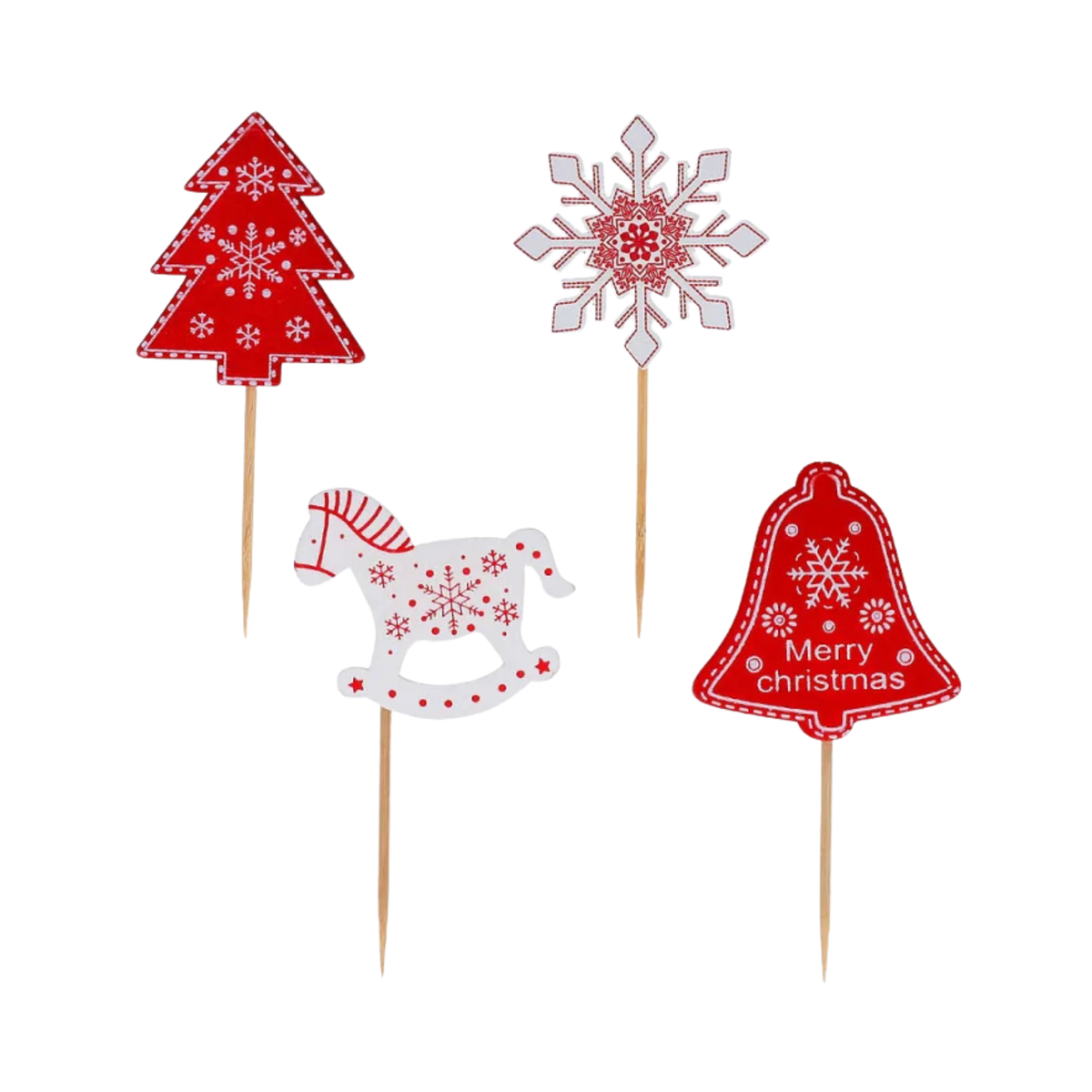 Décors à piquer de Noël rouges et blancs avec sapin, cheval, flocon et cloche