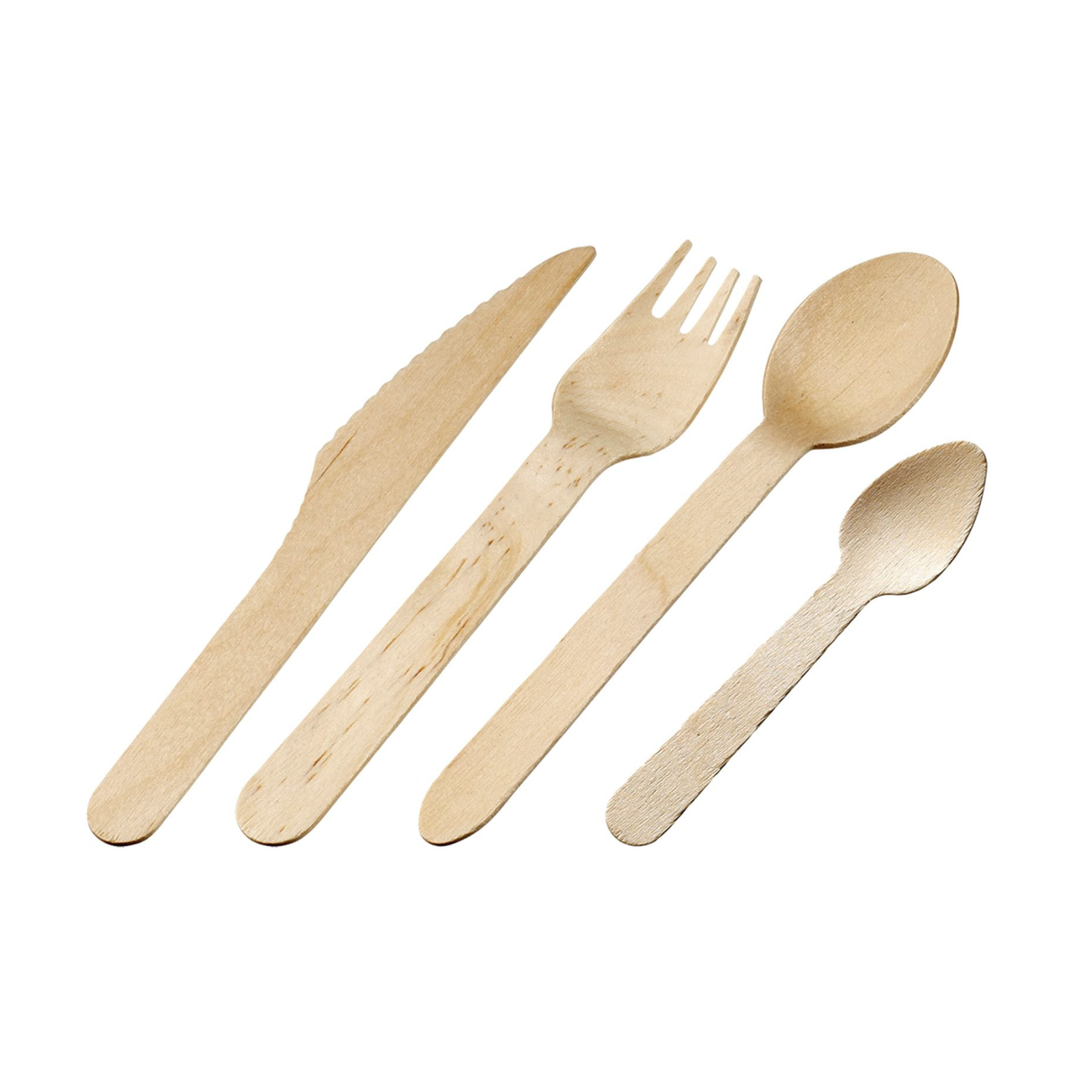 Couverts en bois jetables : couteau, fourchette, cuillère et petite cuillère