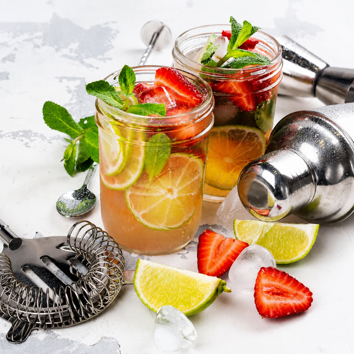 Cocktails aux fruits avec accessoires de mixologie