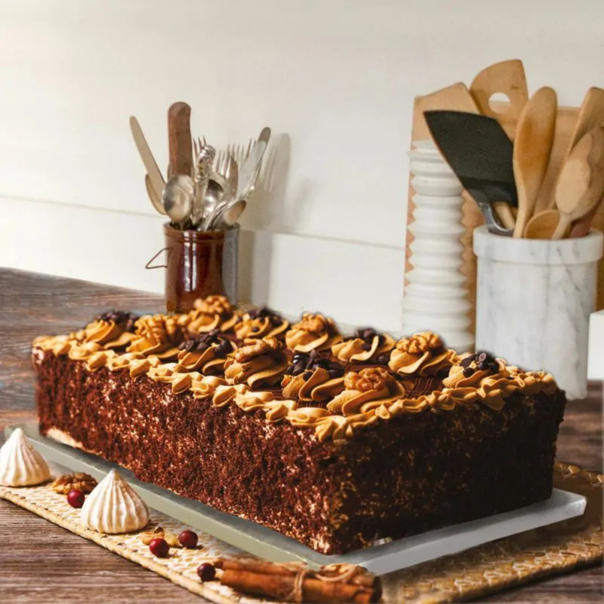 Gâteau rectangulaire au chocolat présenté sur un plateau de présentation argenté