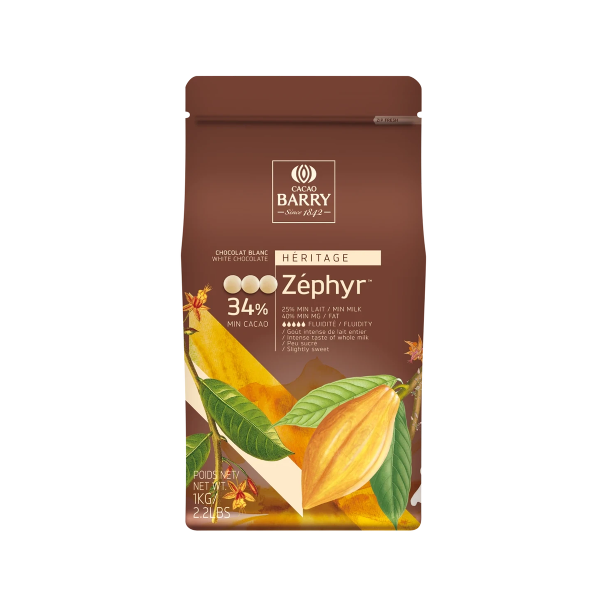 Chocolat blanc de couverture Zéphyr 34 % en pistoles Cacao Barry 
