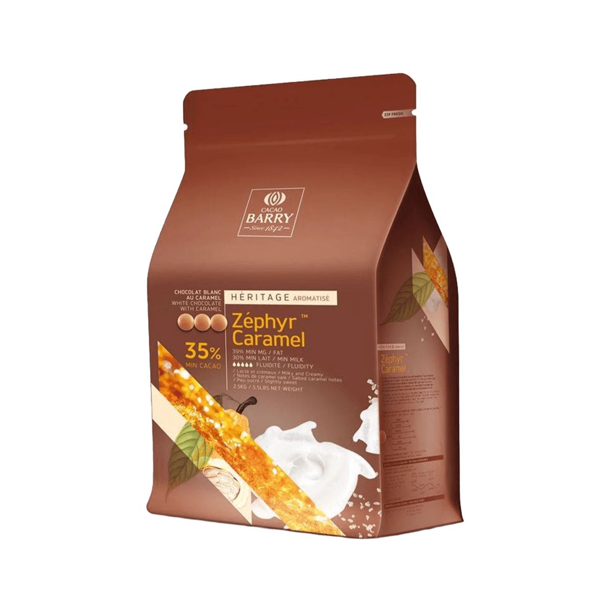 Chocolat blanc Zéphyr Caramel 35 % pistoles 2,5 kg Cacao Barry 