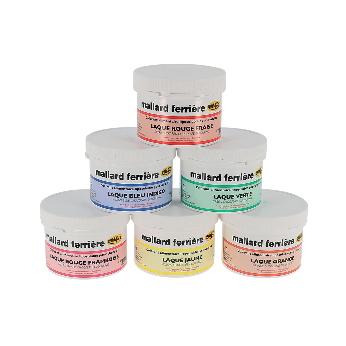 Laques colorantes alimentaires Mallard Ferrière en pots, assortiment de couleurs pour chocolat et pâtisserie