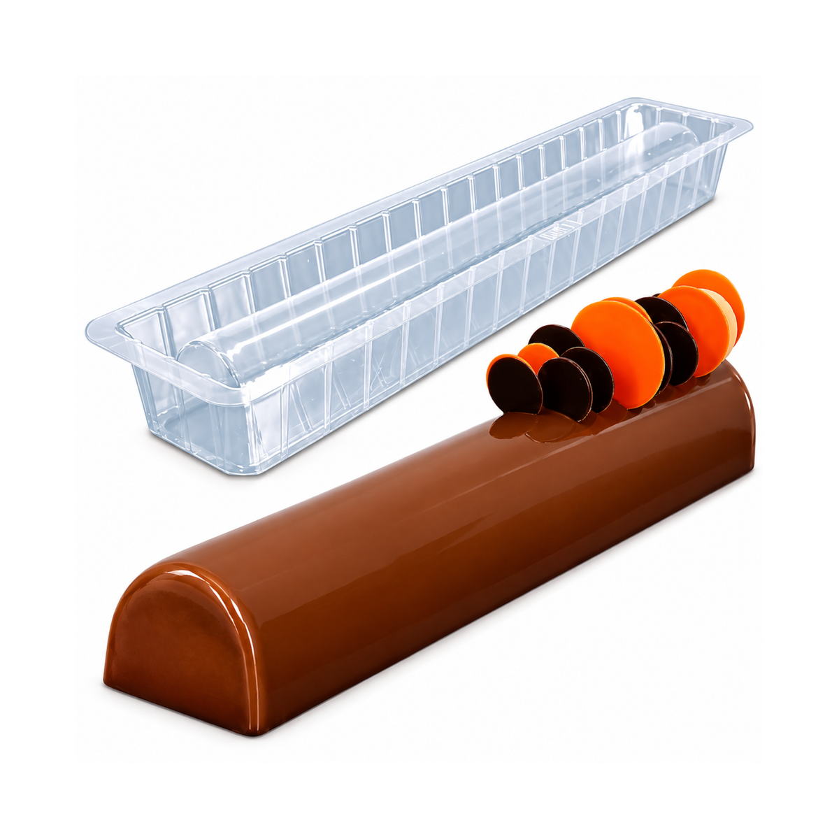 Moule à bûche transparent avec bûche de Noël au chocolat et décorations orange et noir