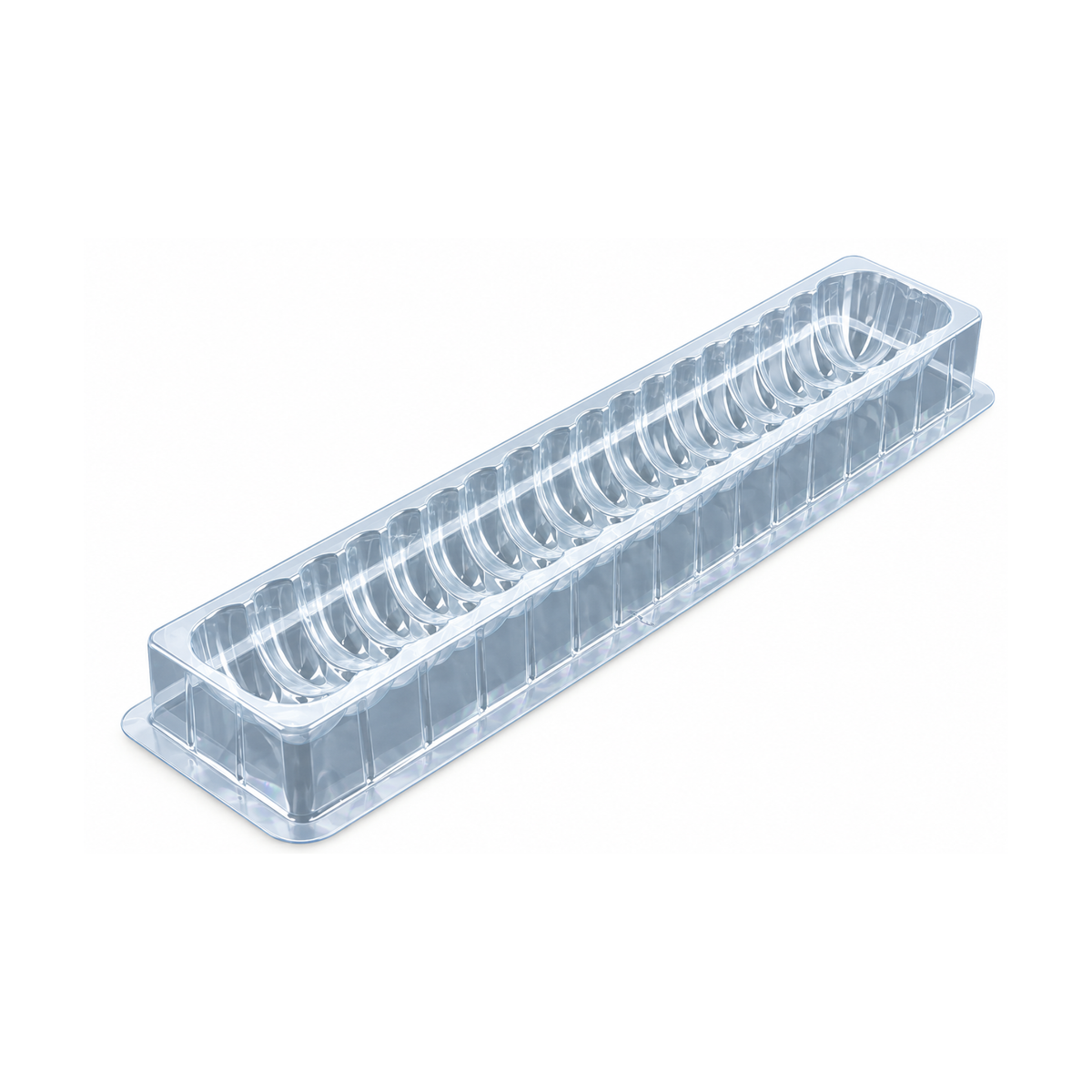 Moule à bûche de Noël transparent en plastique rigide, avec empreinte à reliefs arrondis, vue en perspective