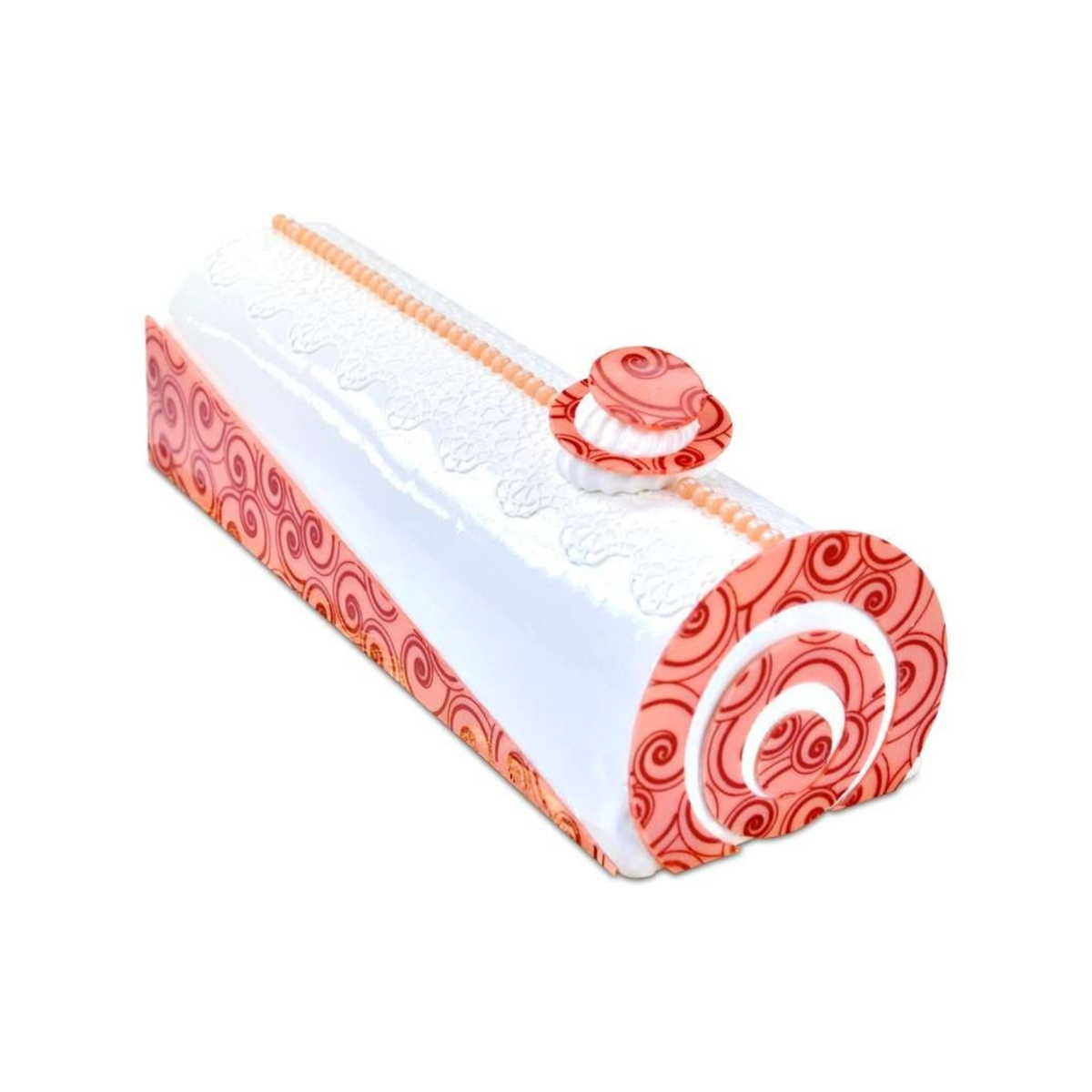Bûche de Noël demi-ronde au glaçage blanc brillant, décorée de spirales roses, de motifs en chocolat et d'un ornement sur le dessus.
