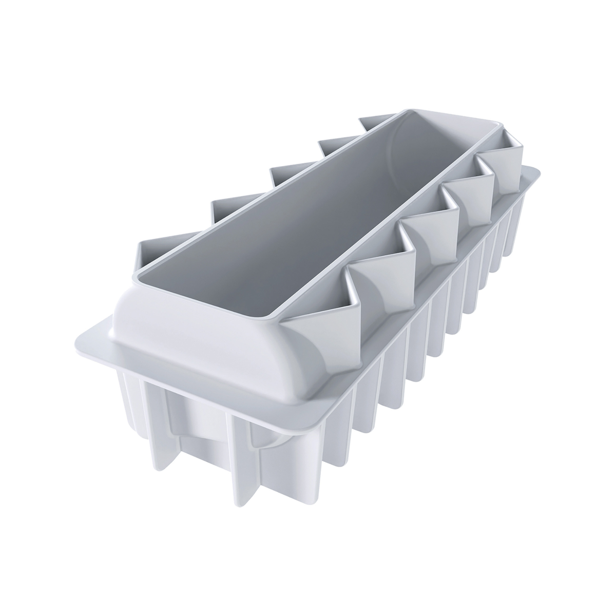 Moule à bûche Silikomart en silicone blanc, avec empreinte allongée et motifs géométriques en zigzag sur les côtés, vue en perspective.