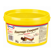 Pot de fourrage croquant Spéculoos Ancel 3 kg, prêt à l'emploi, avec couvercle jaune et étiquette présentant des entremets et bonbons au chocolat, sur fond blanc.