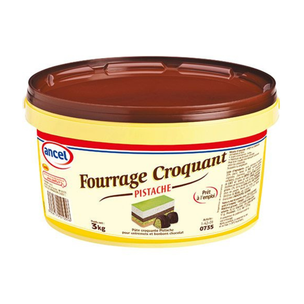 Ancel Fourrage Croquant Pistache 3 kg, pot jaune avec couvercle marron et étiquette illustrée, sur fond blanc.