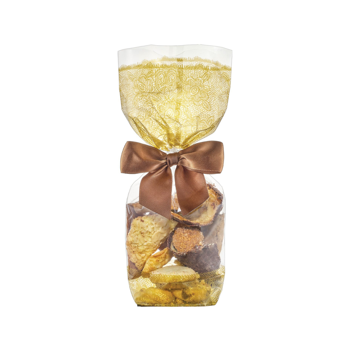 Sac Cello transparent et doré remplie de chocolat