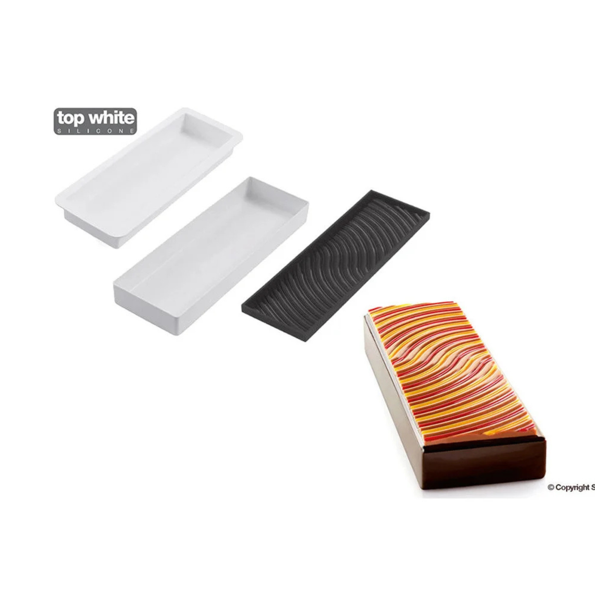 Kit moule à bûche Silikomart avec deux moules blancs, un tapis décor noir ondulé et une bûche pâtissière aux lignes multicolores.