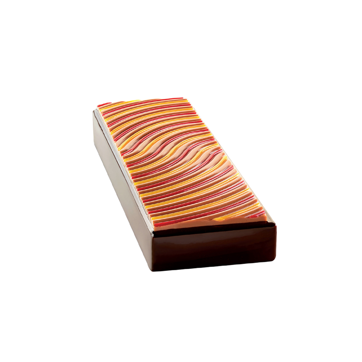 Bûche pâtissière rectangulaire décorée de fines vagues multicolores rouges, orange et jaunes, avec des côtés en chocolat noir.