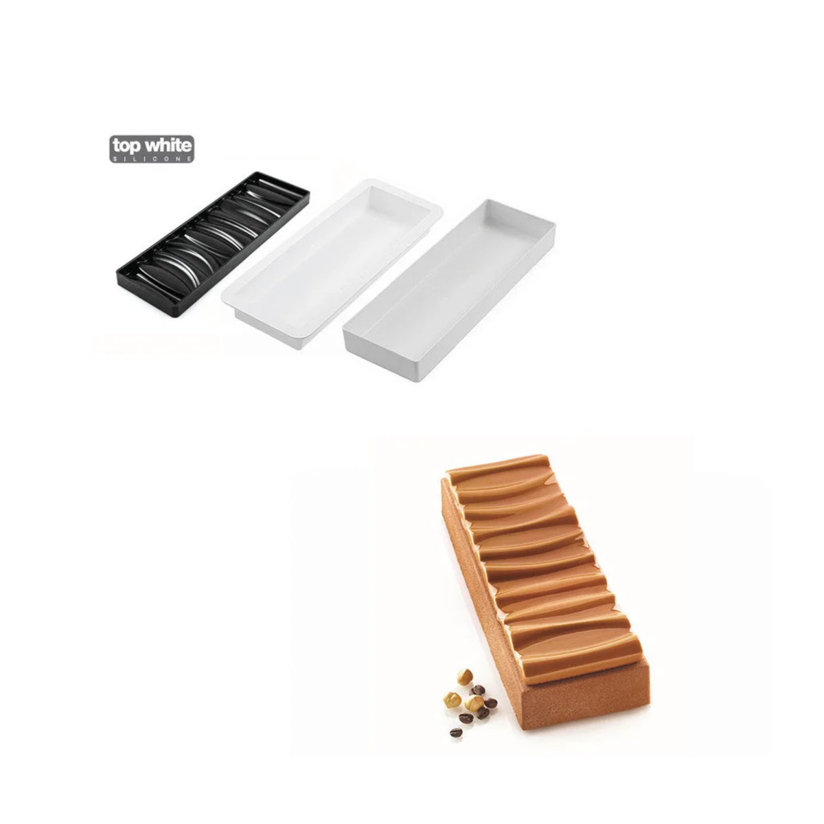 Kit moule à bûche Silikomart avec deux moules blancs, un tapis décor noir et une bûche pâtissière au glaçage caramel ondulé.