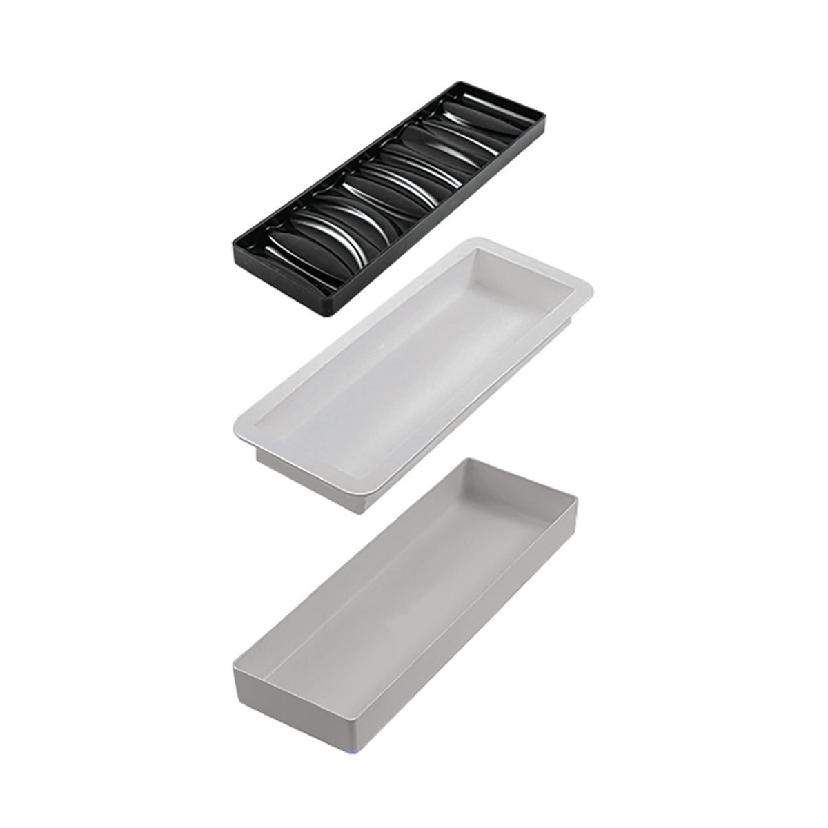 Kit moule à bûche Silikomart composé de deux moules rectangulaires blancs et d'un tapis décor noir aux motifs courbés.