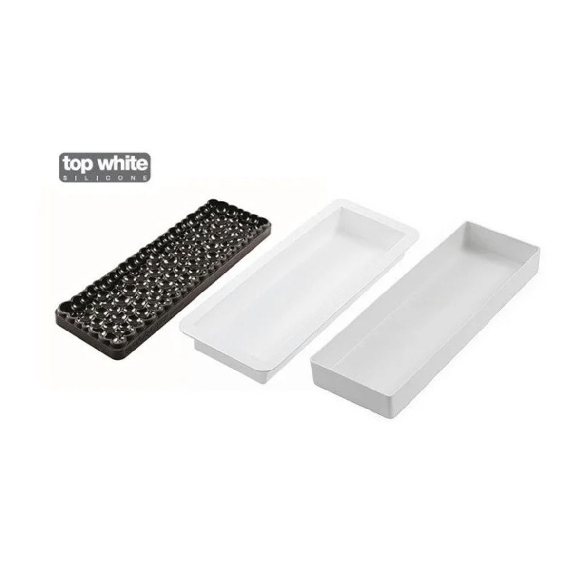 Kit moule à bûche Silikomart avec deux moules rectangulaires blancs et un tapis décor noir à motifs de bulles.