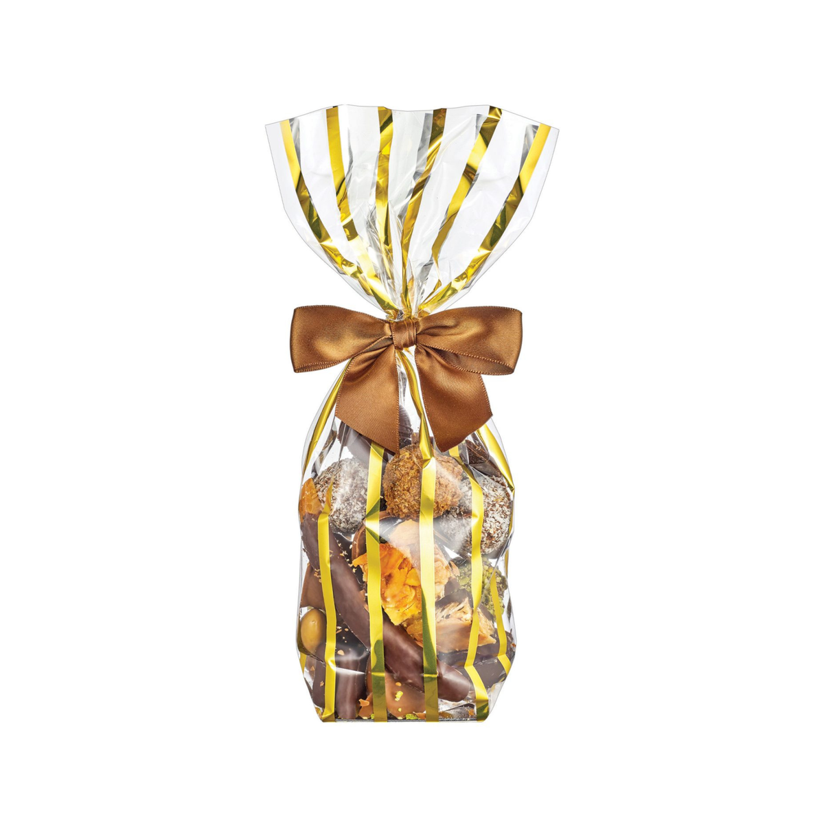 Sac Cello transparent à rayures dorées rempli de chocolats
