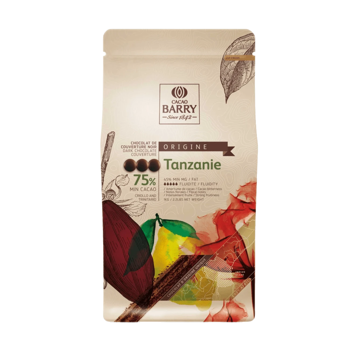 Chocolat Noir de Couverture Tanzanie 75 % 1 kg Cacao Barry 