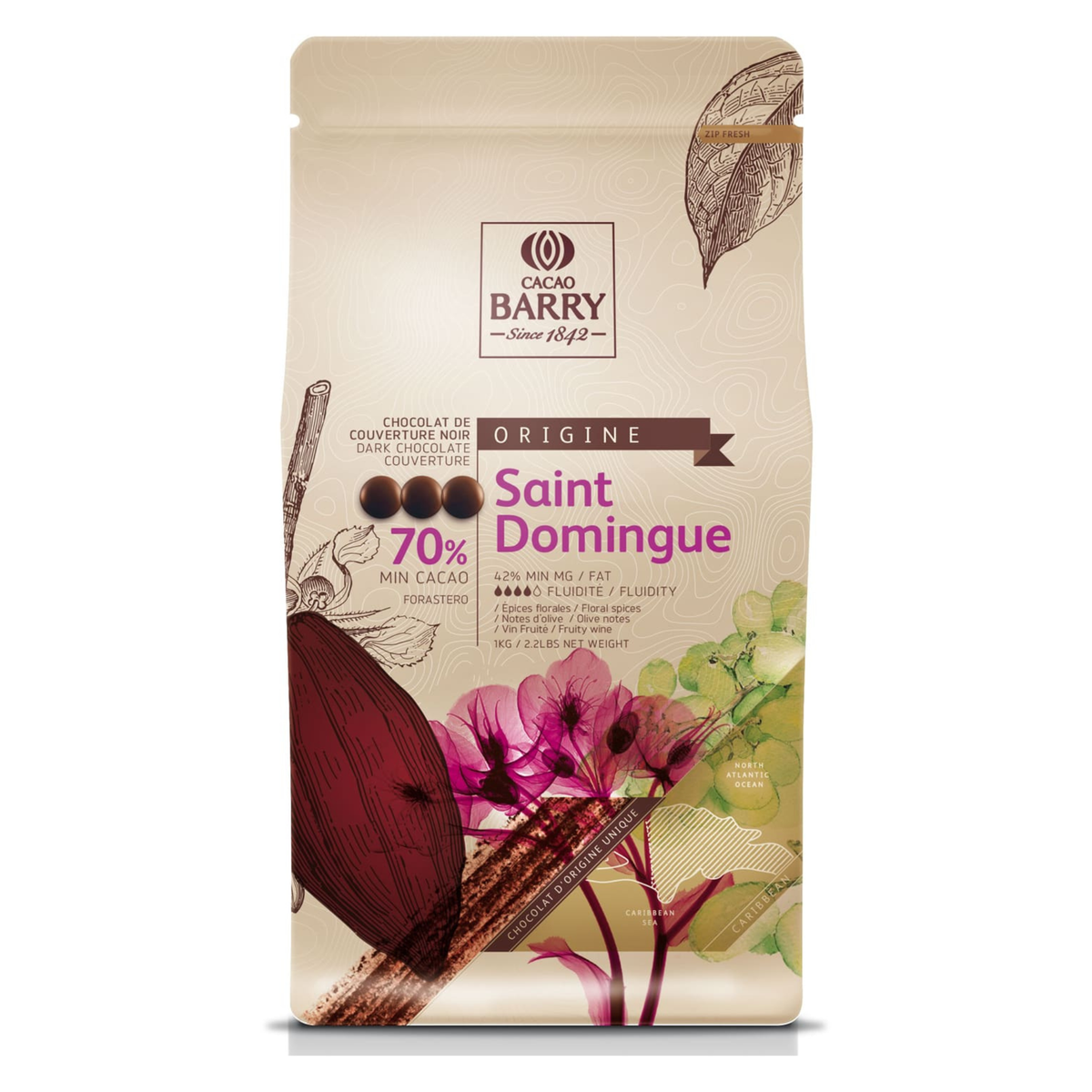 Chocolat Noir de Couverture Saint-Domingue 70 % 1 kg Cacao Barry 