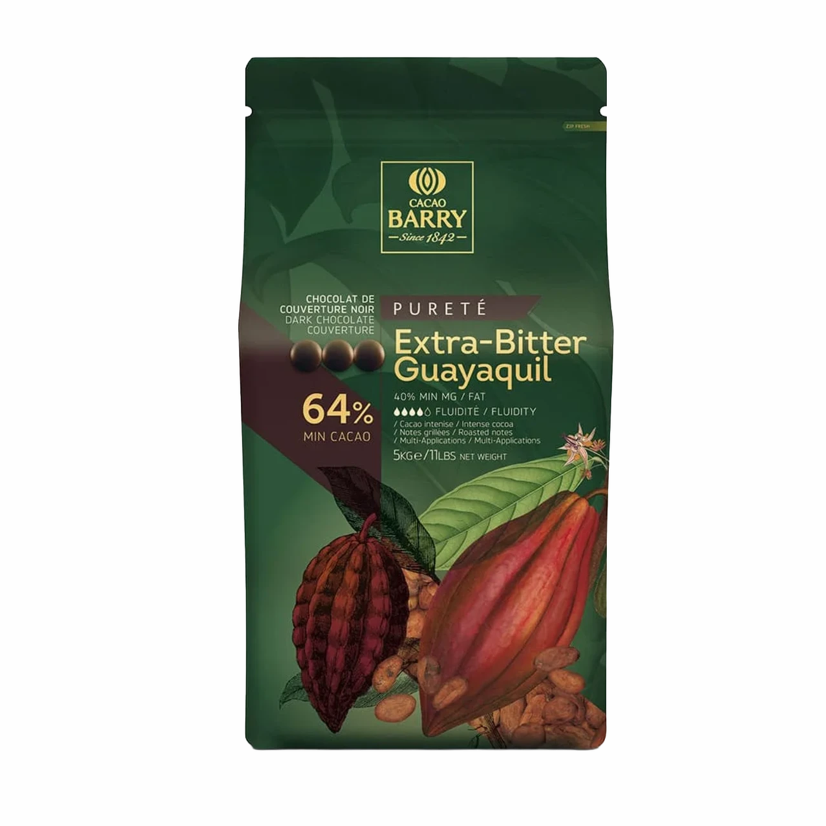 Chocolat Noir Extra-Bitter Guayaquil 64 % en Pistoles 5 kg Cacao Barry 