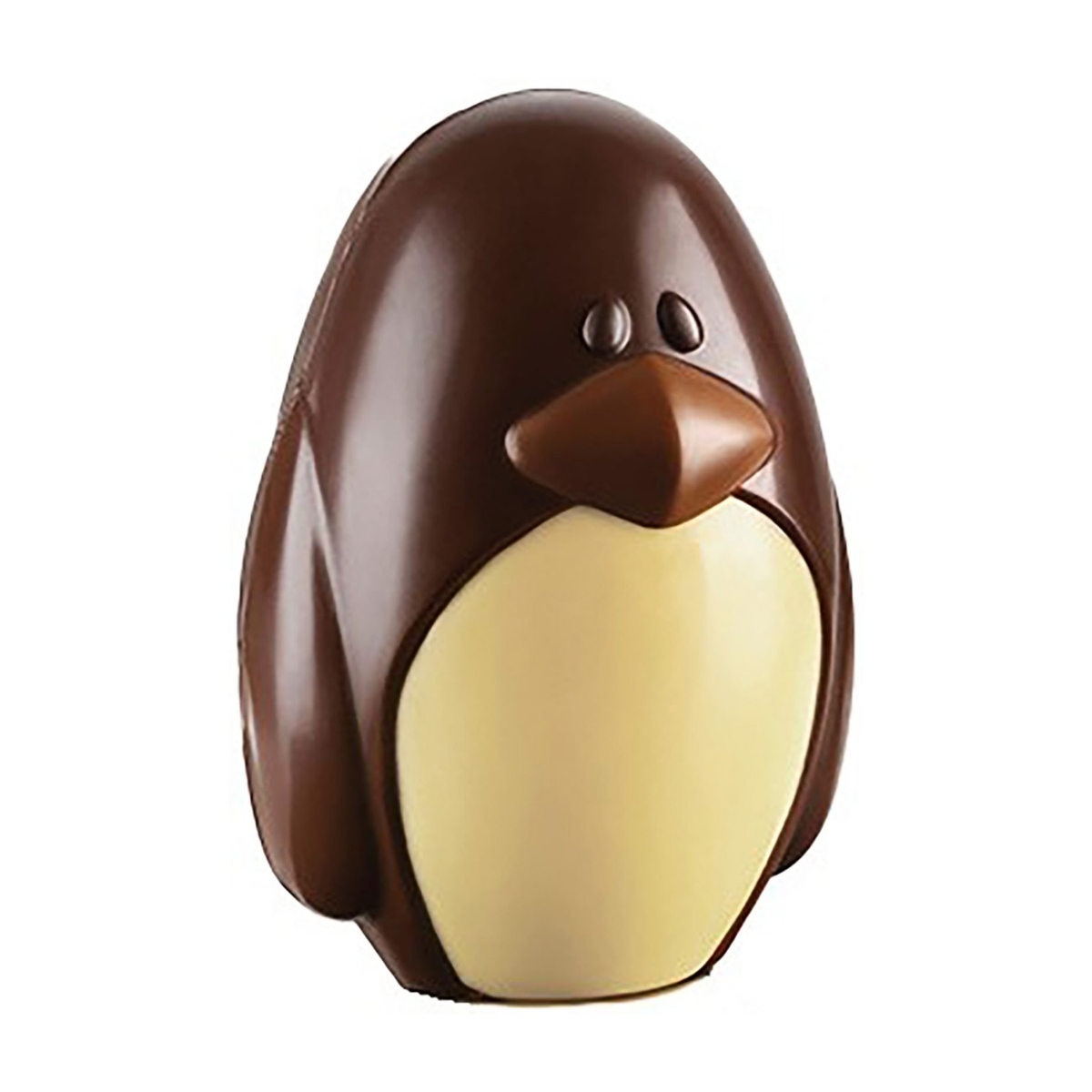 Pingouin en chocolat noir avec ventre en chocolat blanc, bec marron et yeux noirs, présenté sur fond blanc.