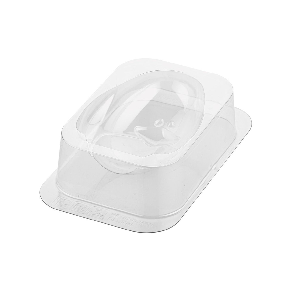 Moule thermoformé transparent Silikomart pour pingouin en chocolat 3D, avec empreintes des yeux et du bec.