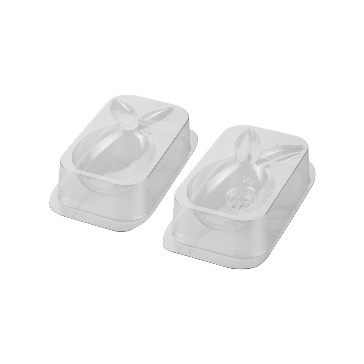 Ensemble de deux moules thermoformés transparents Silikomart pour créer un lapin de Pâques en chocolat 3D, avec face avant et arrière.