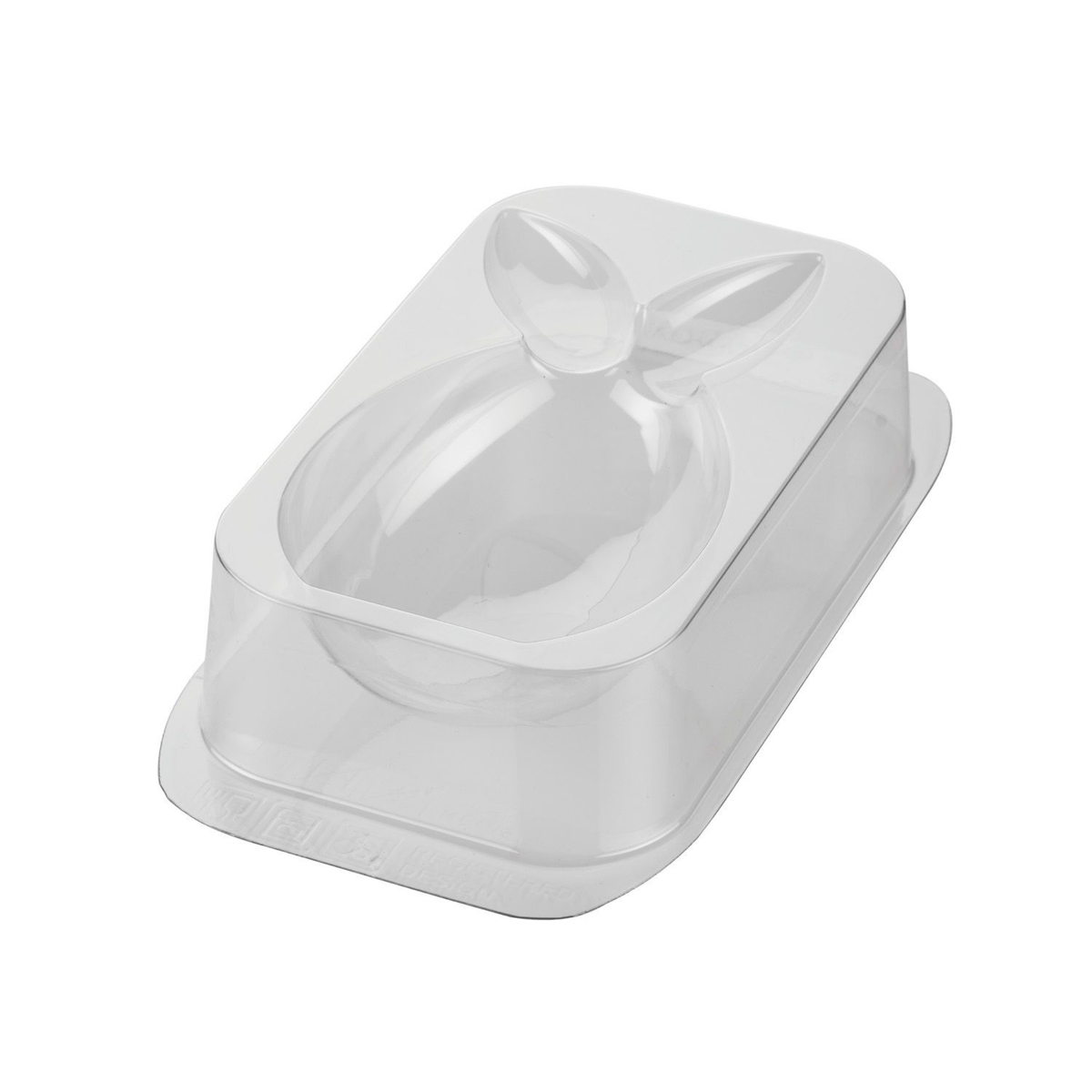 Moule thermoformé transparent Silikomart représentant le dos d’un lapin de Pâques avec deux grandes oreilles.