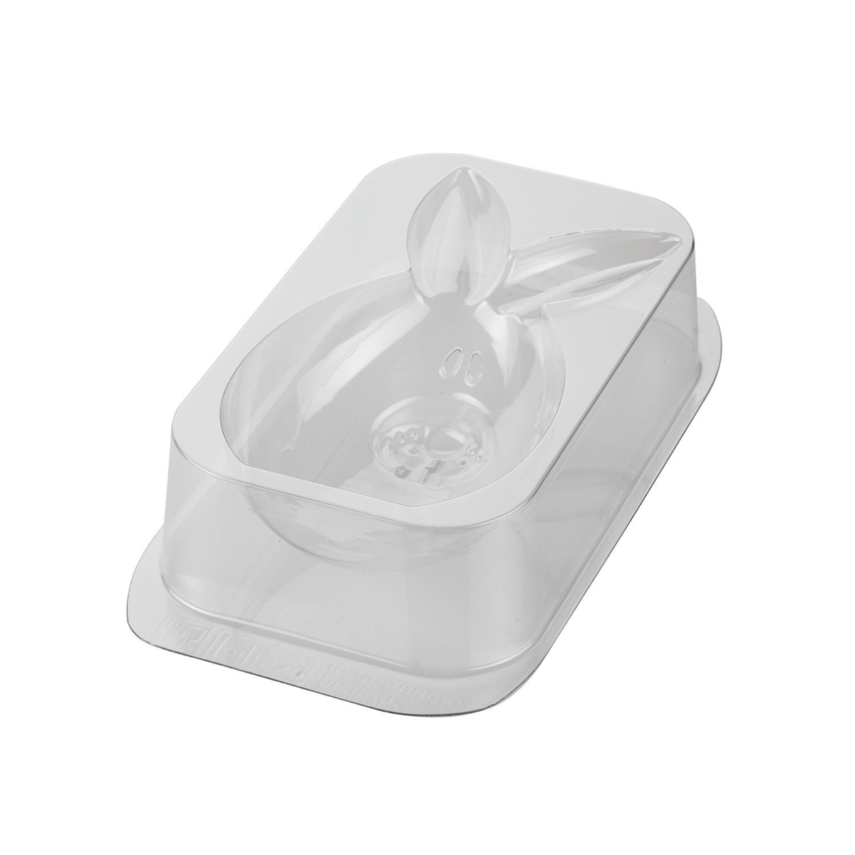 Moule thermoformé transparent Silikomart pour réaliser un lapin de Pâques en chocolat 3D, avec oreilles dressées et visage détaillé.