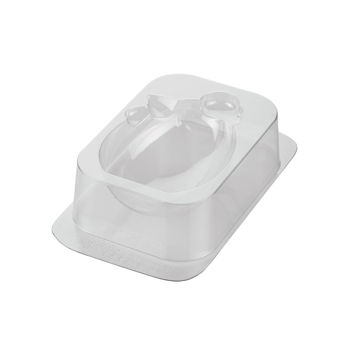Moule thermoformé transparent Silikomart Lady Cocca représentant l’autre moitié d’une poule de Pâques en chocolat, avec bec, crête et ailes en relief.