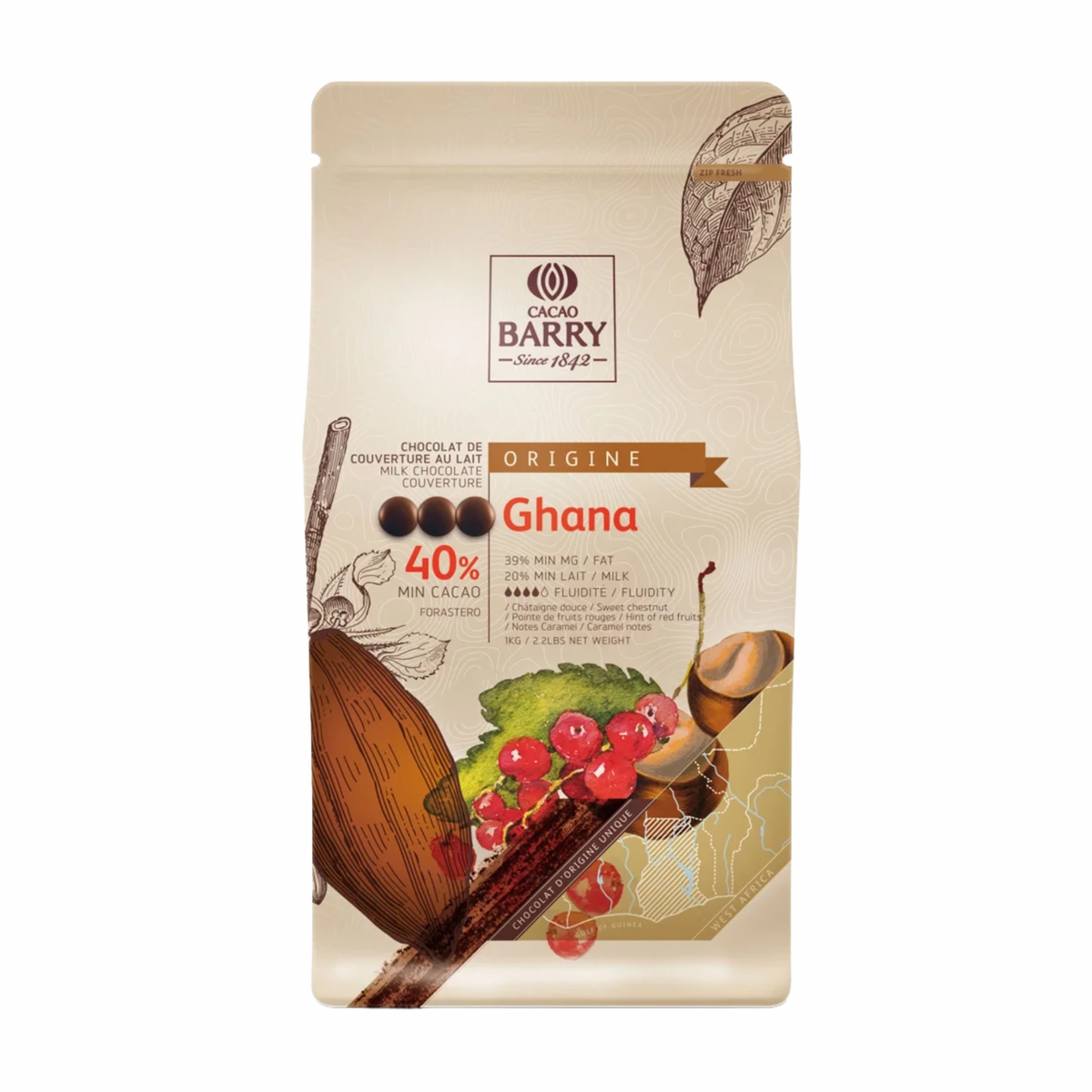 Chocolat au Lait Origine Ghana 40 % - 1 kg Cacao Barry 