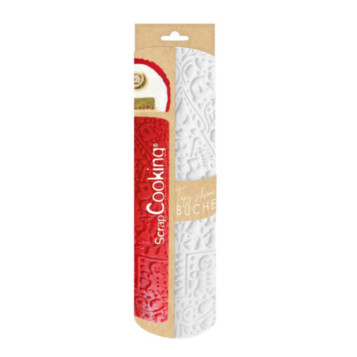 Emballage du tapis silicone ScrapCooking Cookina pour décoration de bûche de Noël avec motifs festifs en relief.