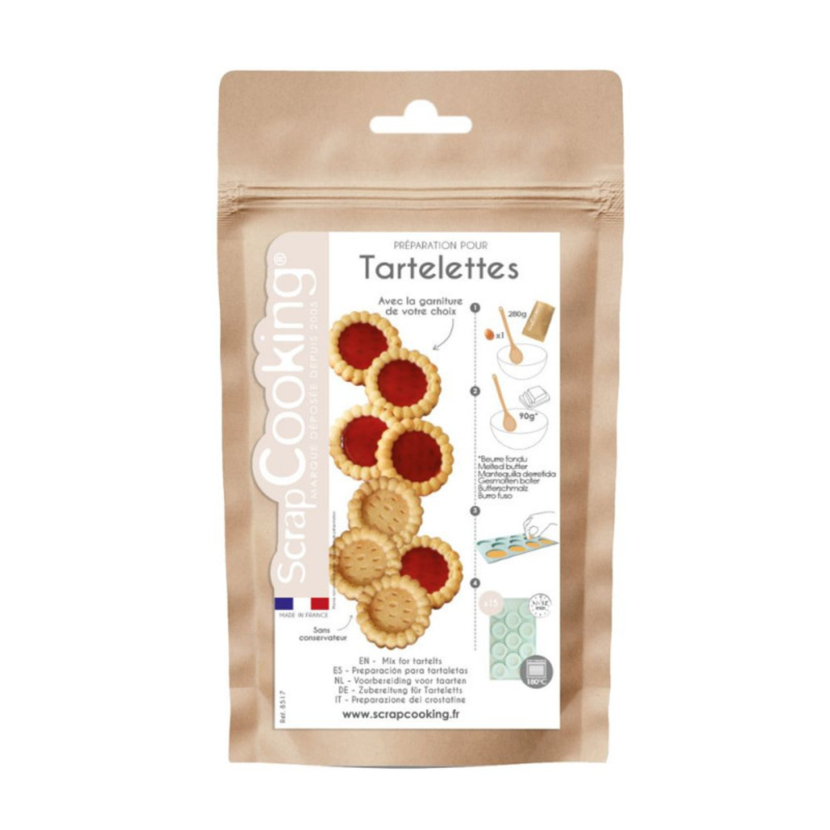 Sachet de préparation pour tartelettes ScrapCooking avec illustrations de mini-tartelettes garnies de confiture.