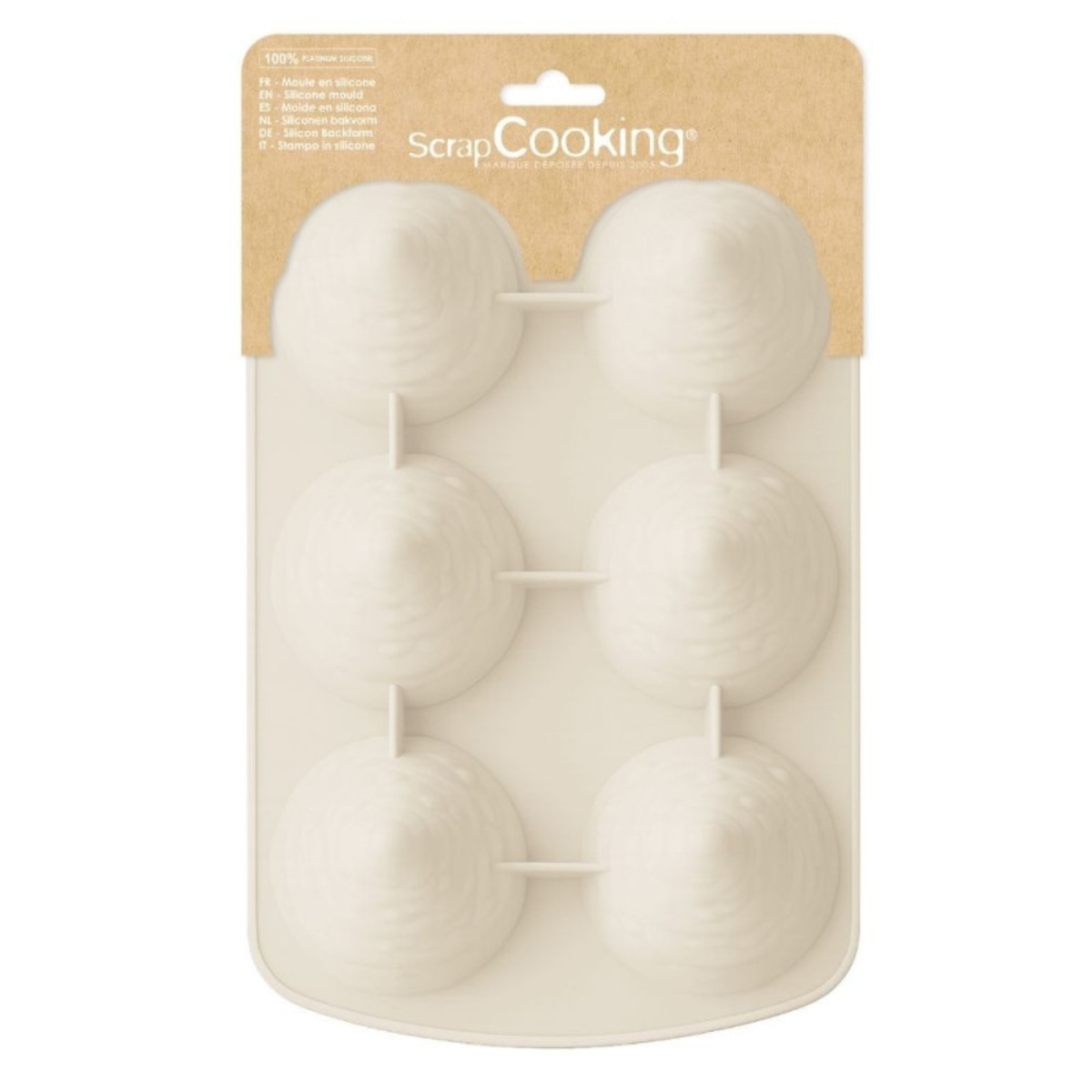 Moule silicone blanc ScrapCooking pour réaliser 6 sapins de Noël en 3D, avec empreintes en forme de sapins décorés de boules en relief.