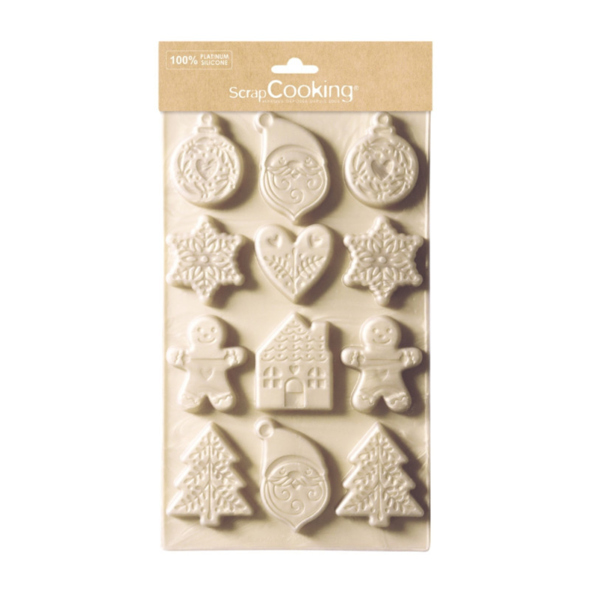 Moule silicone blanc ScrapCooking à 12 empreintes de Noël avec motifs de sapins, flocons, bonhommes en pain d'épices, cœurs, boules et maisons.
