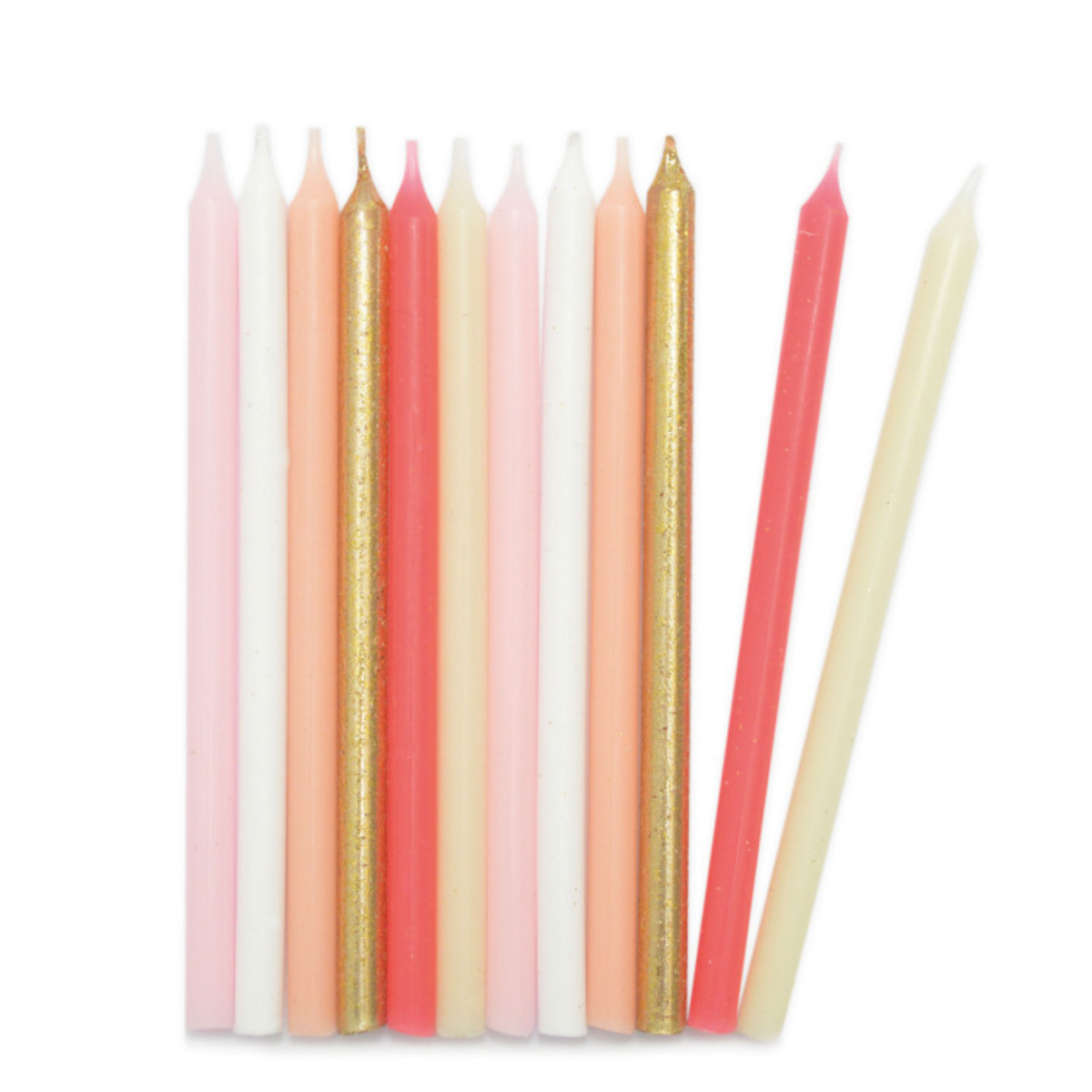 Lot de 12 bougies longues ScrapCooking aux couleurs rose, blanc, pêche, ivoire et or pailleté, pour décoration de gâteaux d’anniversaire.