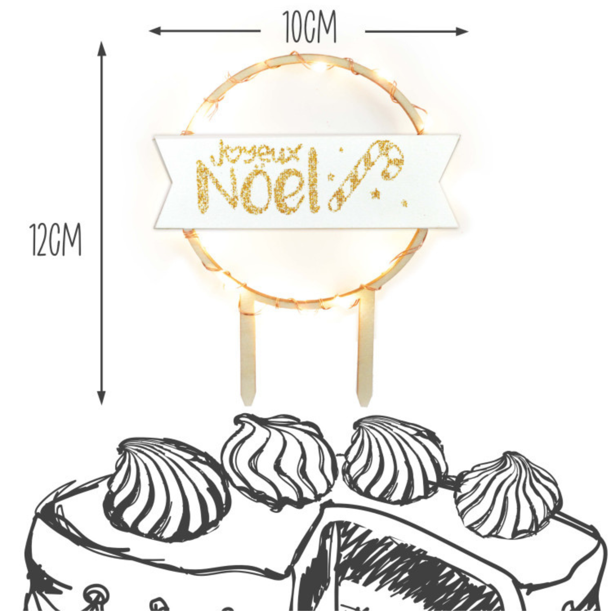 Cake topper LED rond Joyeux Noël avec inscription dorée et guirlande lumineuse, dimensions 10 × 12 cm, pour décoration de bûche de Noël.