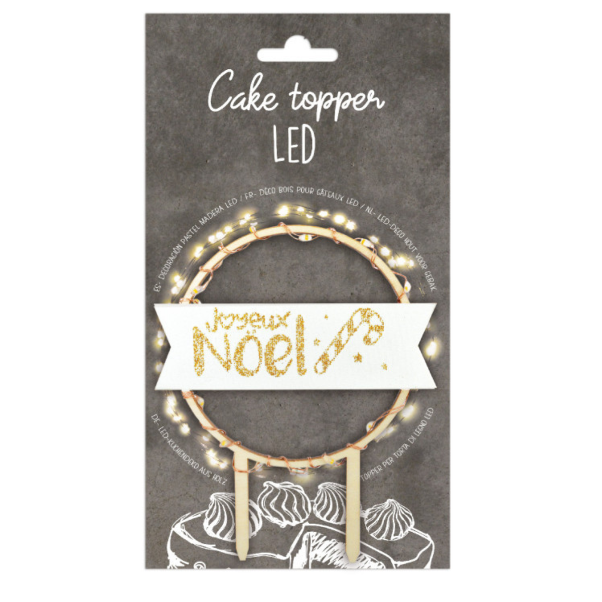 Cake topper LED Joyeux Noël ScrapCooking en forme de cercle lumineux avec inscription dorée, présenté dans son emballage.