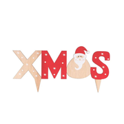 Cake topper Xmas en bois Patis’Décor avec lettres rouges et naturelles, étoiles blanches et Père Noël, pour décoration de gâteau de Noël.