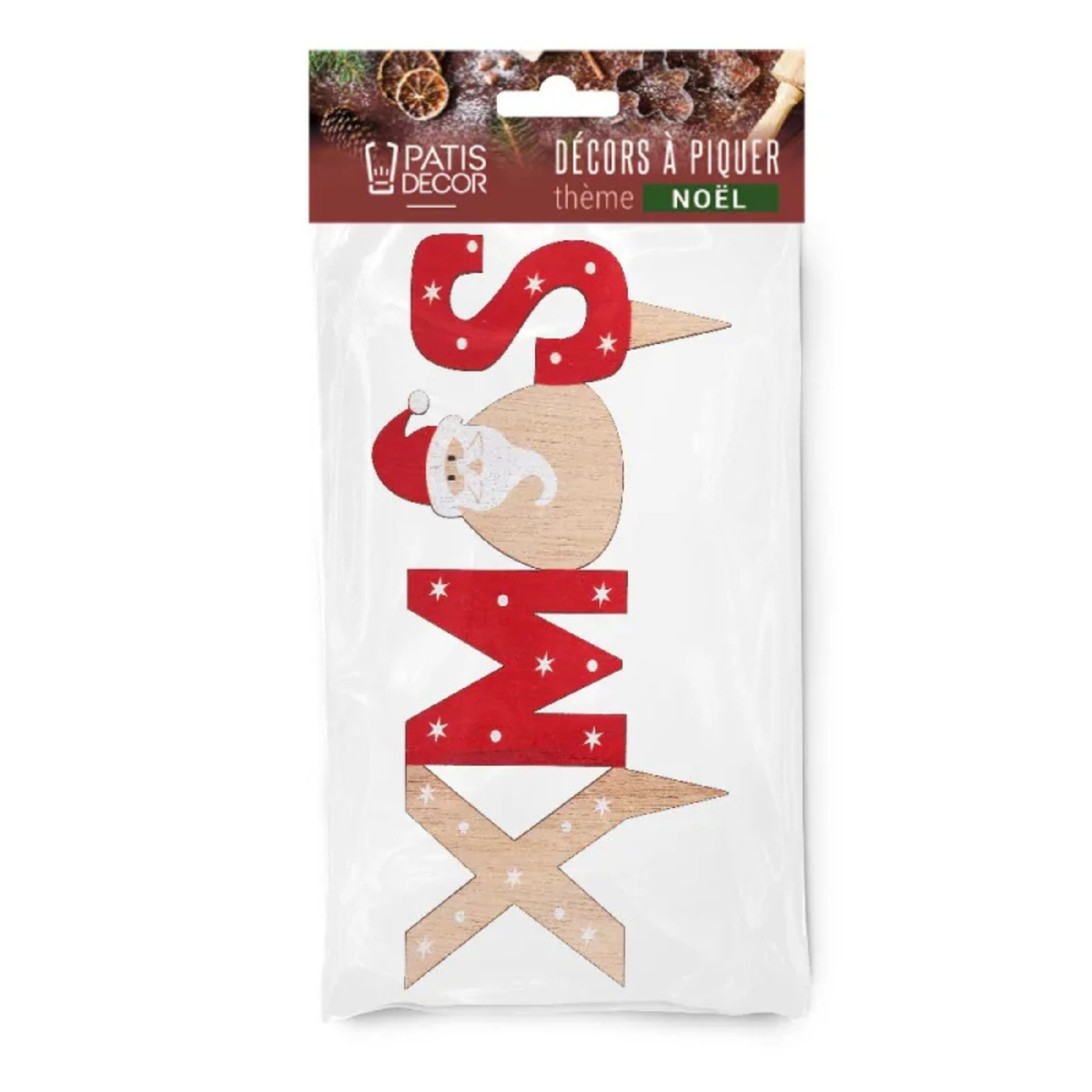 Cake topper Xmas Patis’Décor en bois rouge et naturel avec Père Noël, présenté dans son emballage de décorations à piquer pour Noël.