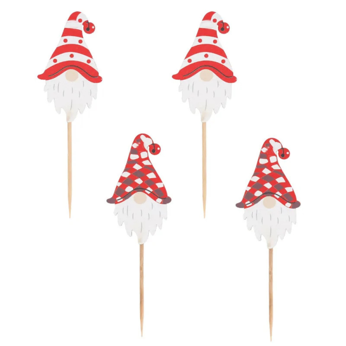 Lot de 4 décorations à piquer Patis’Décor en forme de lutins de Noël, avec bonnets rouges à rayures et à carreaux, barbes blanches et pics en bois.