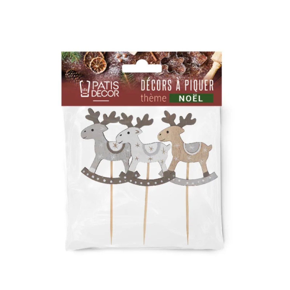 Lot de 3 cake toppers rennes de Noël Patis’Décor en bois gris, naturel et blanc, présentés dans leur emballage de décorations à piquer pour gâteaux.