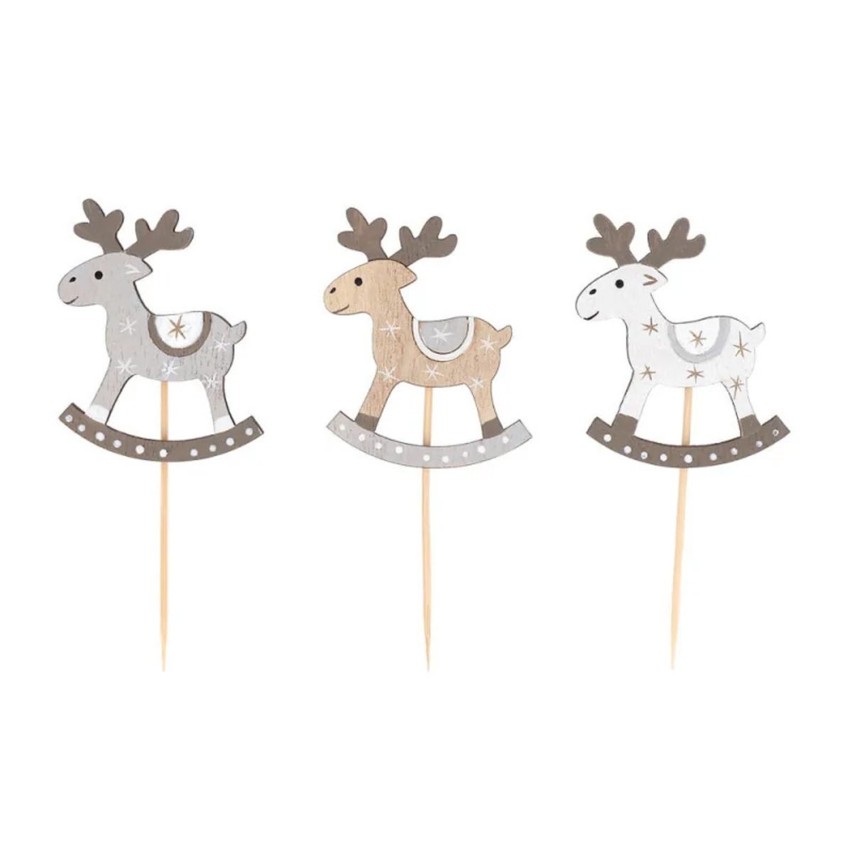 Lot de 3 décorations à piquer Patis’Décor en forme de rennes à bascule, en bois gris, naturel et blanc, avec motifs d'étoiles et pics en bois.