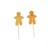 Deux cake toppers bonhommes en pain d’épices Patis’Décor, avec contours blancs, visages souriants, nœuds papillon rouges et boutons multicolores, sur pics en bois.
