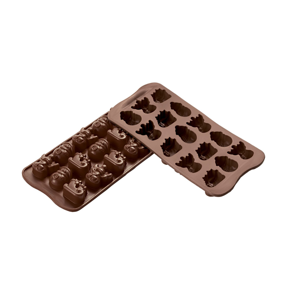 Deux moules en silicone marron pour chocolats de Noël, avec 15 empreintes en forme de rennes, bonshommes de neige et cadeaux, présentés sur fond blanc.